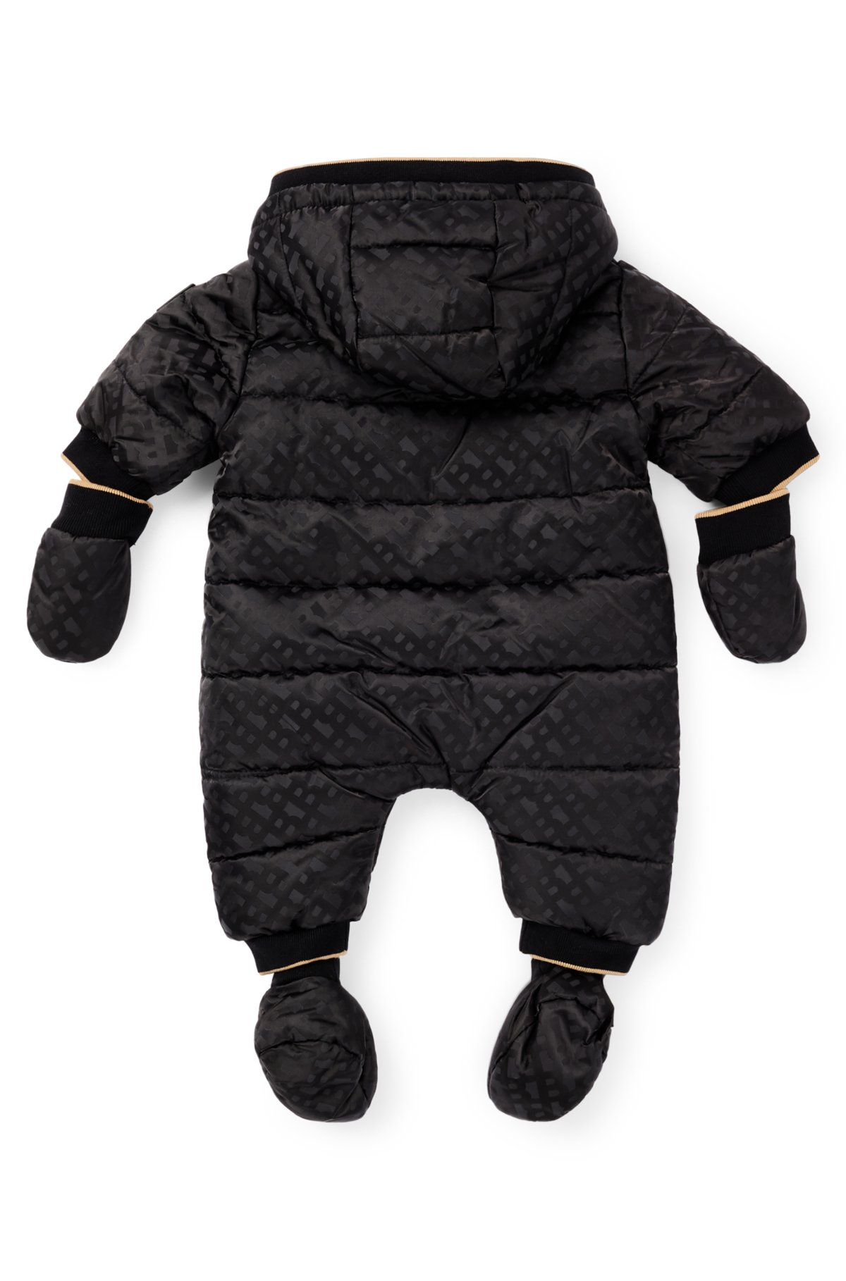 Baby water-repellent hooded snowsuit with monogram pattern, Black
