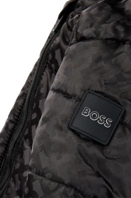 Baby water-repellent hooded snowsuit with monogram pattern, Black