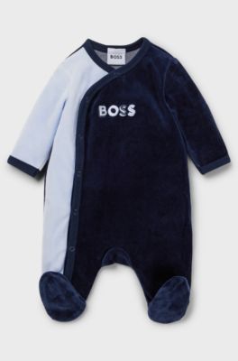 Baby sleepsuit in velvet with colour-blocking and logo, Dark Blue