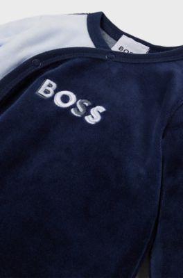 Baby sleepsuit in velvet with colour-blocking and logo, Dark Blue