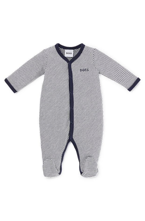 Baby sleepsuit in cotton with stripes and logo, Dark Blue