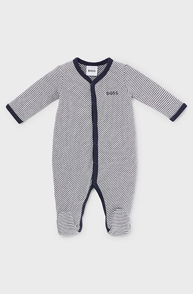 Baby sleepsuit in cotton with stripes and logo, Dark Blue