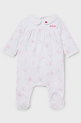 Baby sleepsuit with bunny motif and pan collar, White