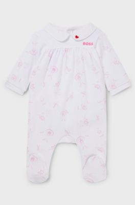 Baby sleepsuit with bunny motif and pan collar, White