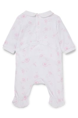 Baby sleepsuit with bunny motif and pan collar, White
