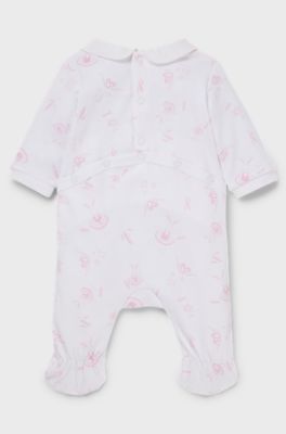 Baby sleepsuit with bunny motif and pan collar, White