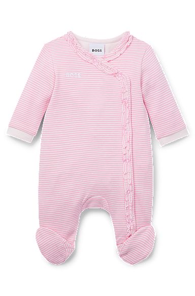 Baby sleepsuit in pure cotton with frill trim, Pink Patterned