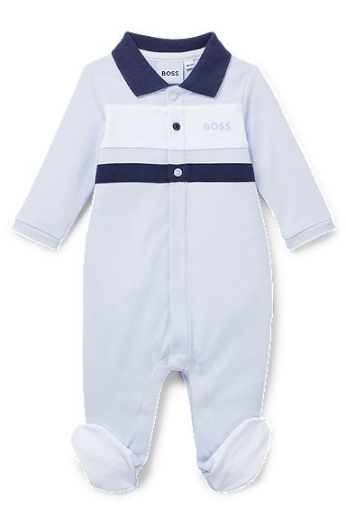 Baby sleepsuit in pure cotton with polo collar, Light Blue