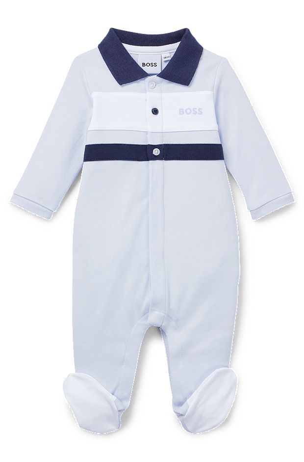 Baby sleepsuit in pure cotton with polo collar, Light Blue