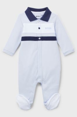 Baby sleepsuit in pure cotton with polo collar, Light Blue