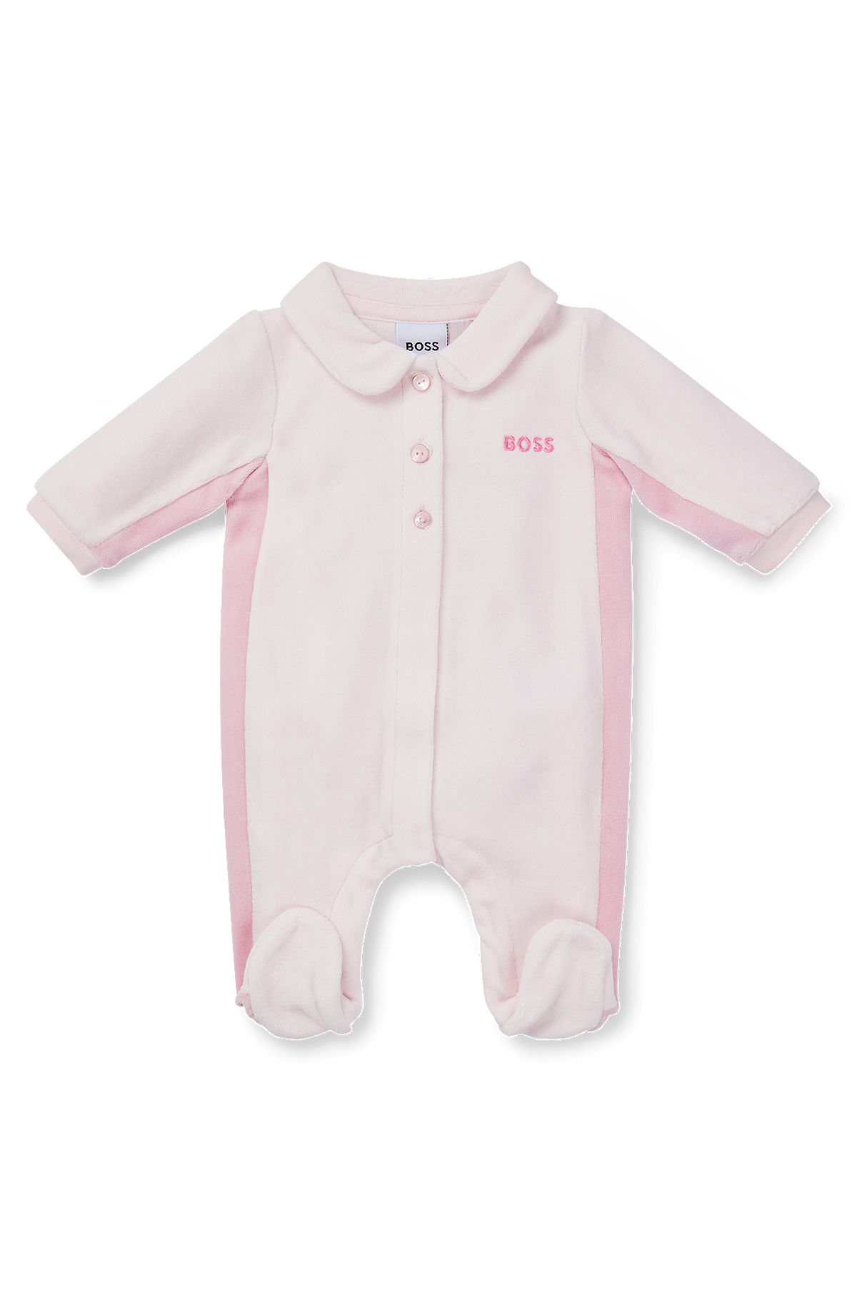 Baby velvet all-in-one with embroidered logo, light pink
