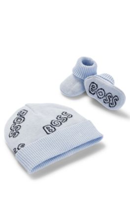 Gift-boxed set of baby beanie hat and booties, Light Blue