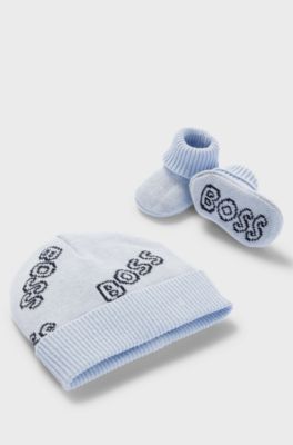 Gift-boxed set of baby beanie hat and booties, Light Blue