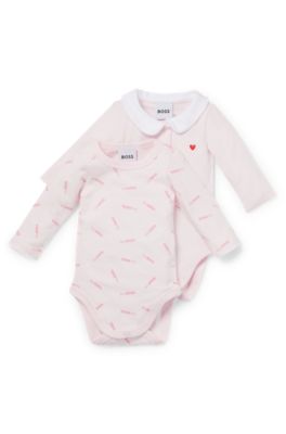 Two-pack of long-sleeved bodysuits in stretch cotton, light pink