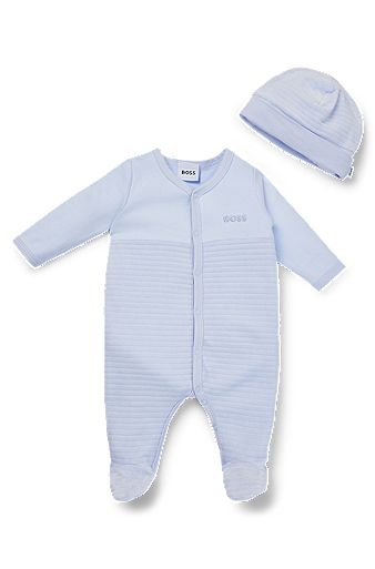 Baby sleepsuit and hat set in cotton-blend velvet, Light Blue