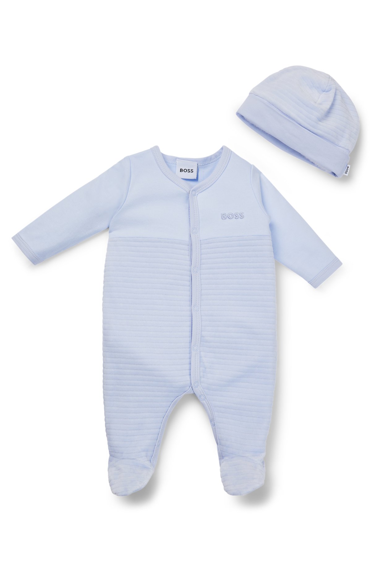 Baby sleepsuit and hat set in cotton-blend velvet, Light Blue