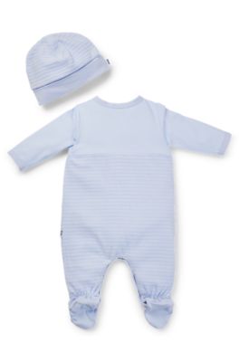 베이비 코튼 블렌드 벨벳 슬립수트와 모자 세트, 라이트 블루