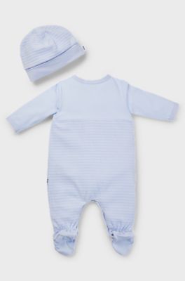 Baby sleepsuit and hat set in cotton-blend velvet, Light Blue
