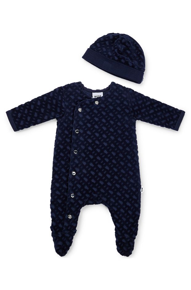 Pijama y gorro para bebés con monogramas en caja de regalo, Azul oscuro