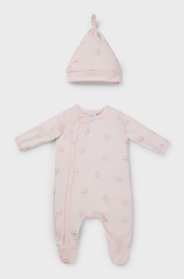 Gift-boxed logo sleepsuit and hat for babies, light pink