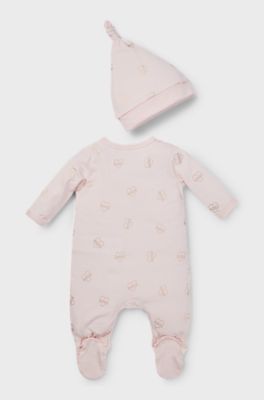 Gift-boxed logo sleepsuit and hat for babies, light pink