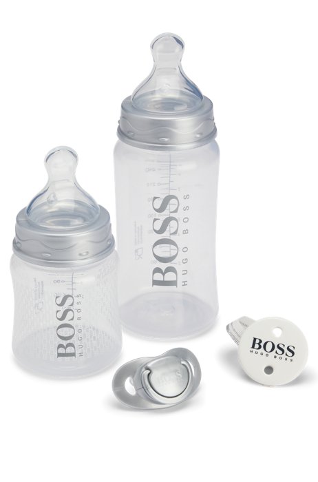 Gift-boxed set of baby bottles, dummy and clip, Silver