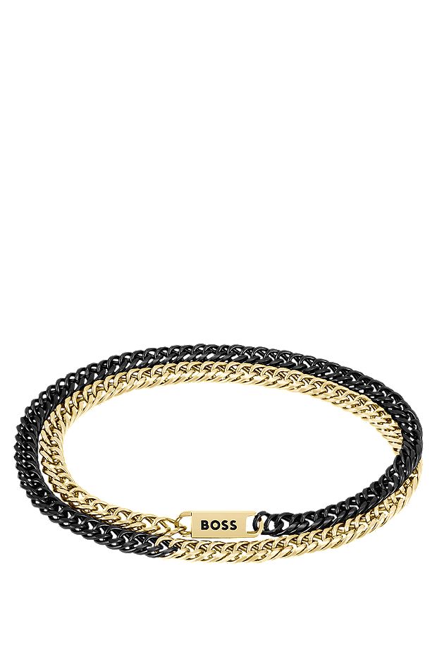 Double-wrap chain cuff in black and gold tones, Patterned