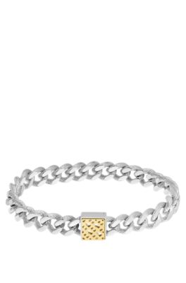 Silver-tone textured-chain bracelet with monogram closure, Silver tone