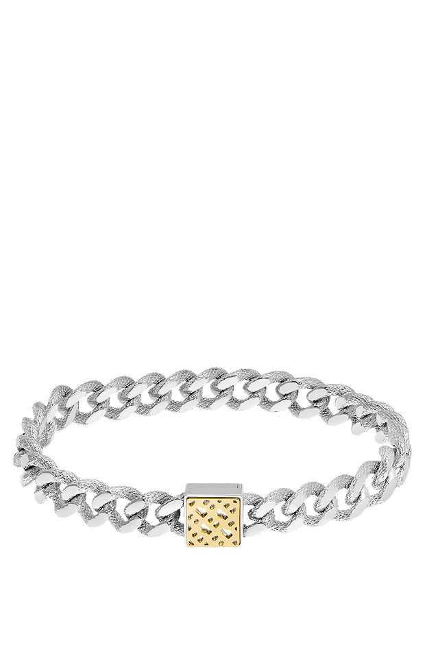 Stainless-steel curb-chain bracelet with monogram square, Silver