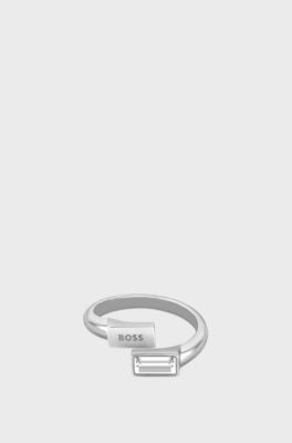 Silver-tone ring with baguette crystal, Silver tone