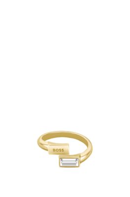 Goudkleurige ring met baguettegeslepen kristal en logo, Goudkleurig