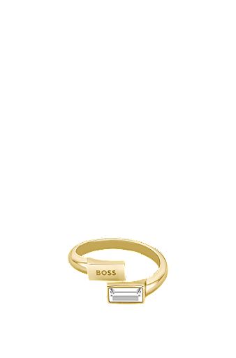 Gold-tone ring with baguette crystal, Gold