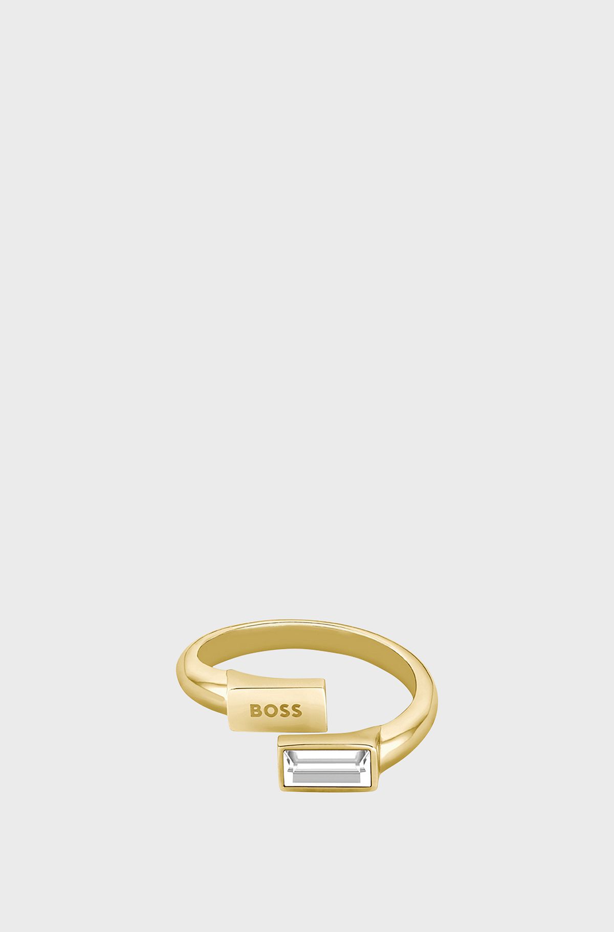 Gold-tone ring with baguette crystal, Gold