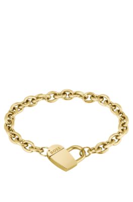 Gold-tone chain bracelet with heart closure, Gold tone