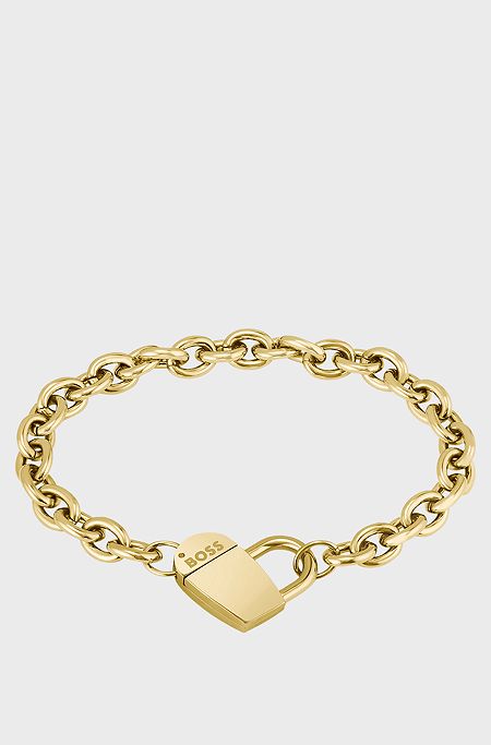 Gold-tone chain bracelet with heart closure, Gold