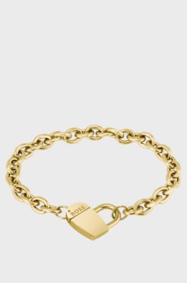 Gold-tone chain bracelet with heart closure, Gold tone