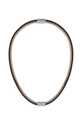 Logo-plate necklace in black and camel leather, Patterned