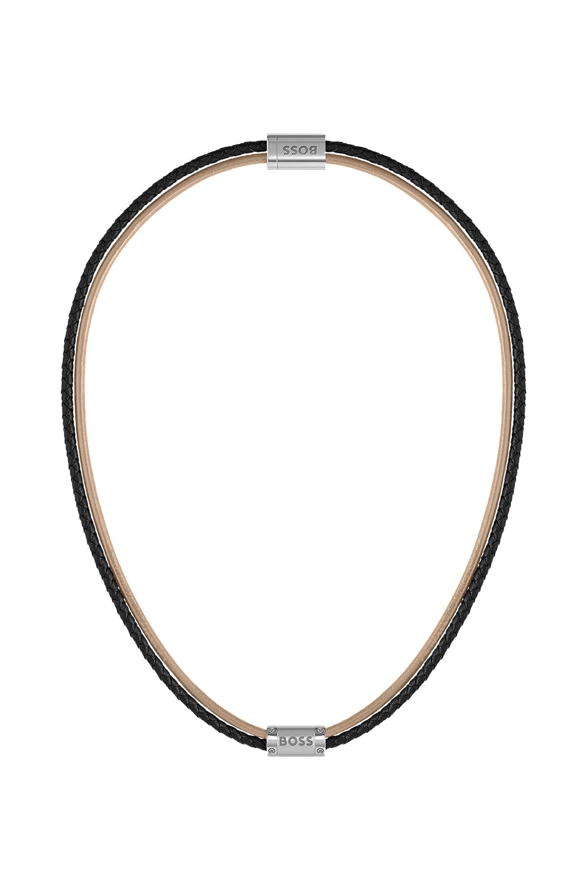 Logo-plate necklace in black and camel leather, Patterned