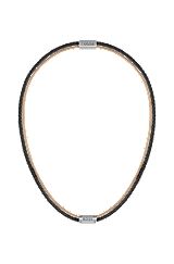 Logo-plate necklace in black and camel leather, Patterned