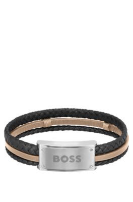 Bracciale in pelle nera e cammello con targhetta con logo, Nero