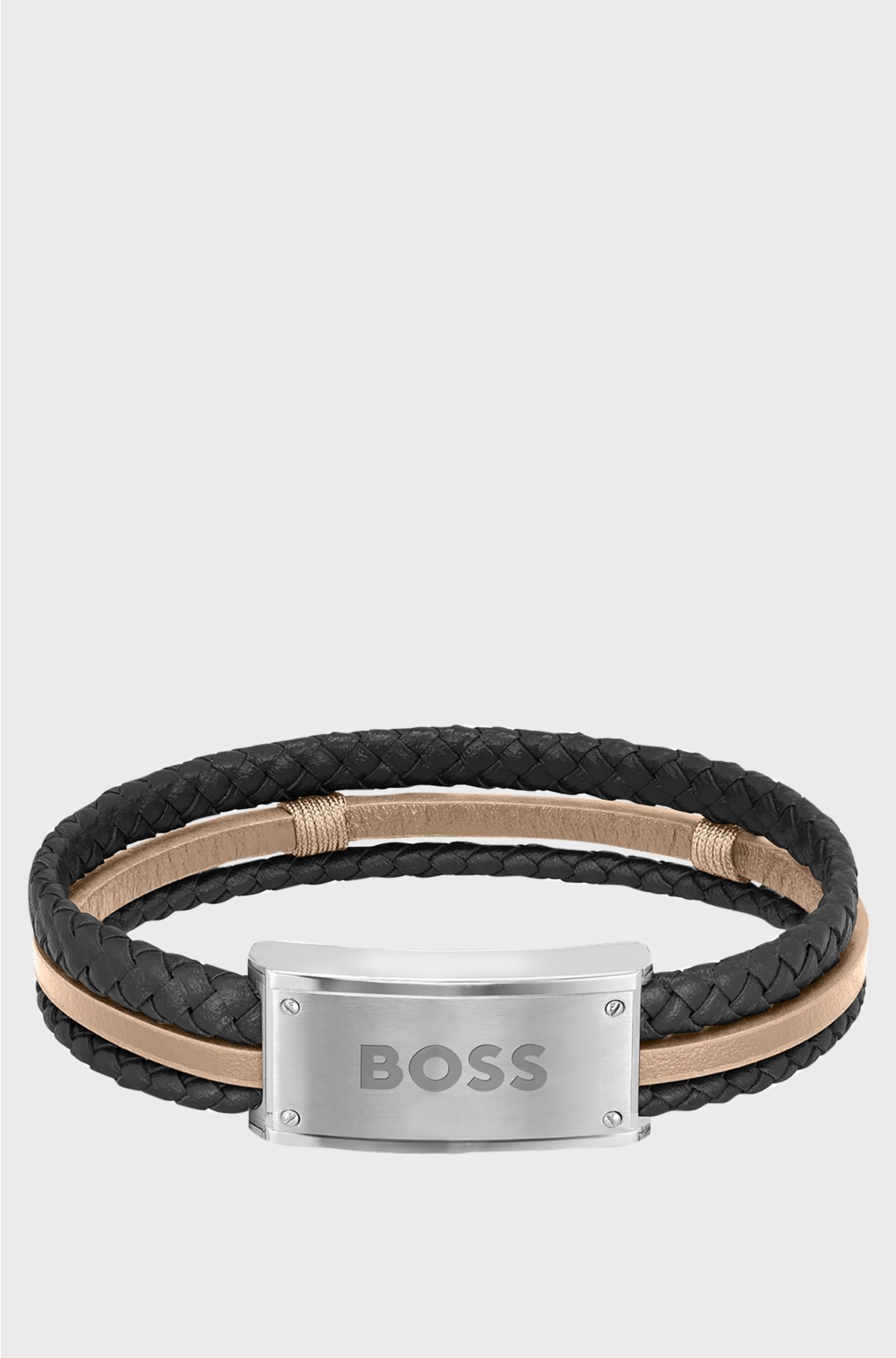Logo-plate cuff in black and camel leather, Black