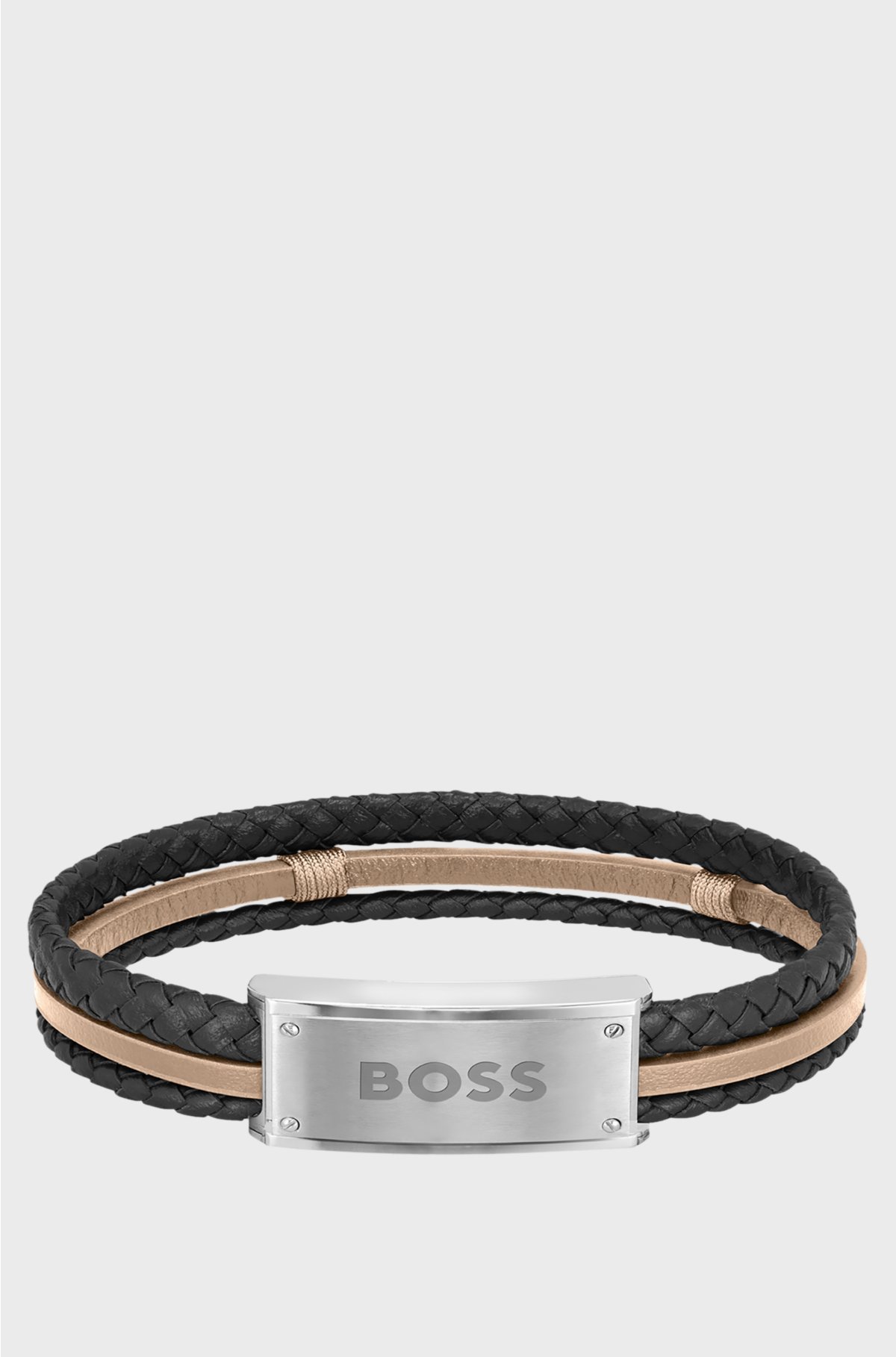 Logo-plate cuff in black and camel leather, Black