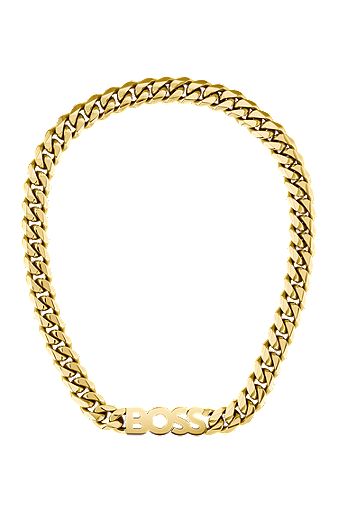 Yellow-gold-effect curb-chain necklace with integrated logo, Gold