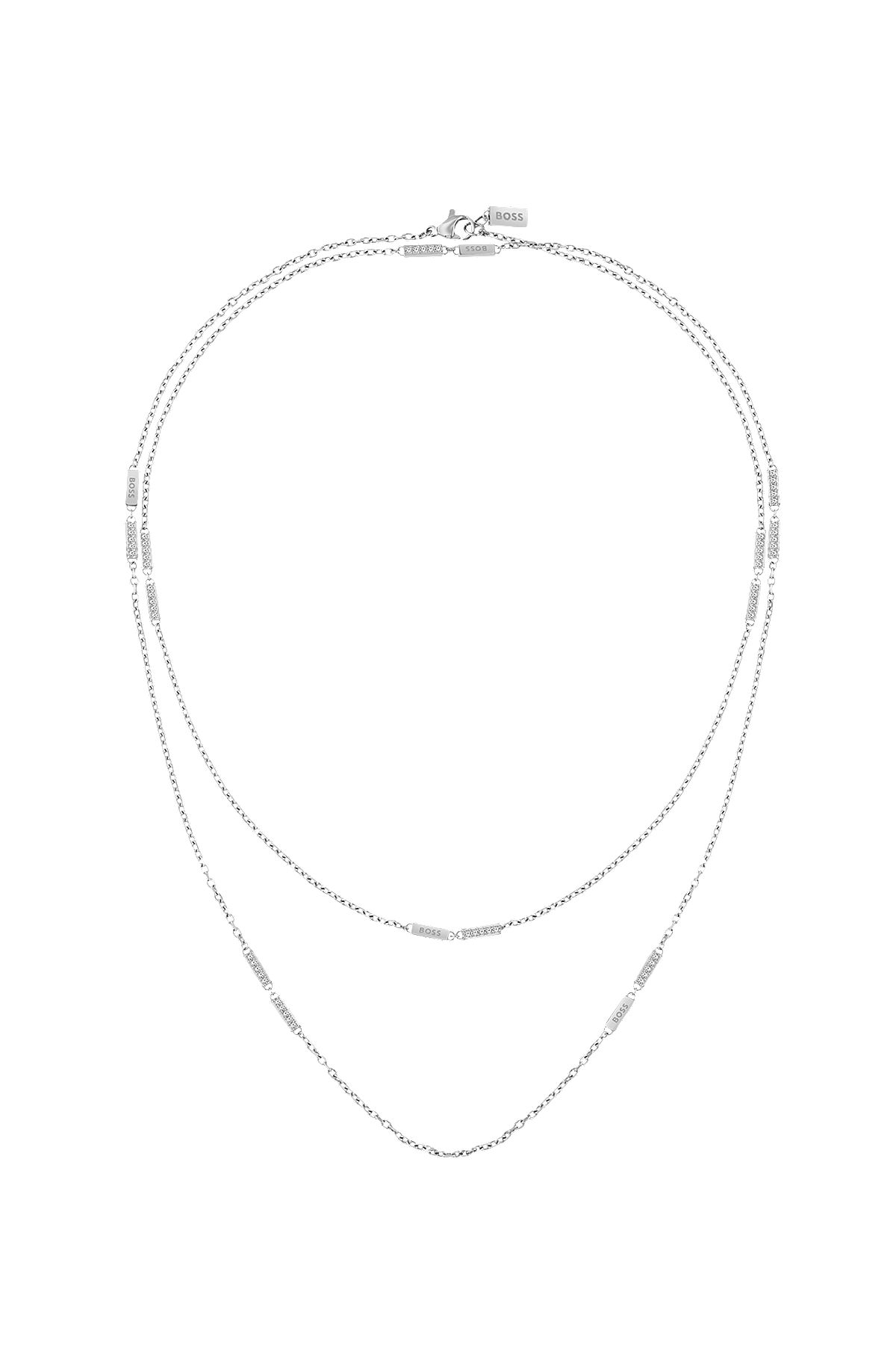 Silver-tone necklace with crystal-studded stations, Silver