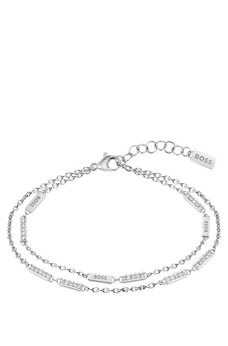 Chain bracelet with logo and crystal stations, Silver