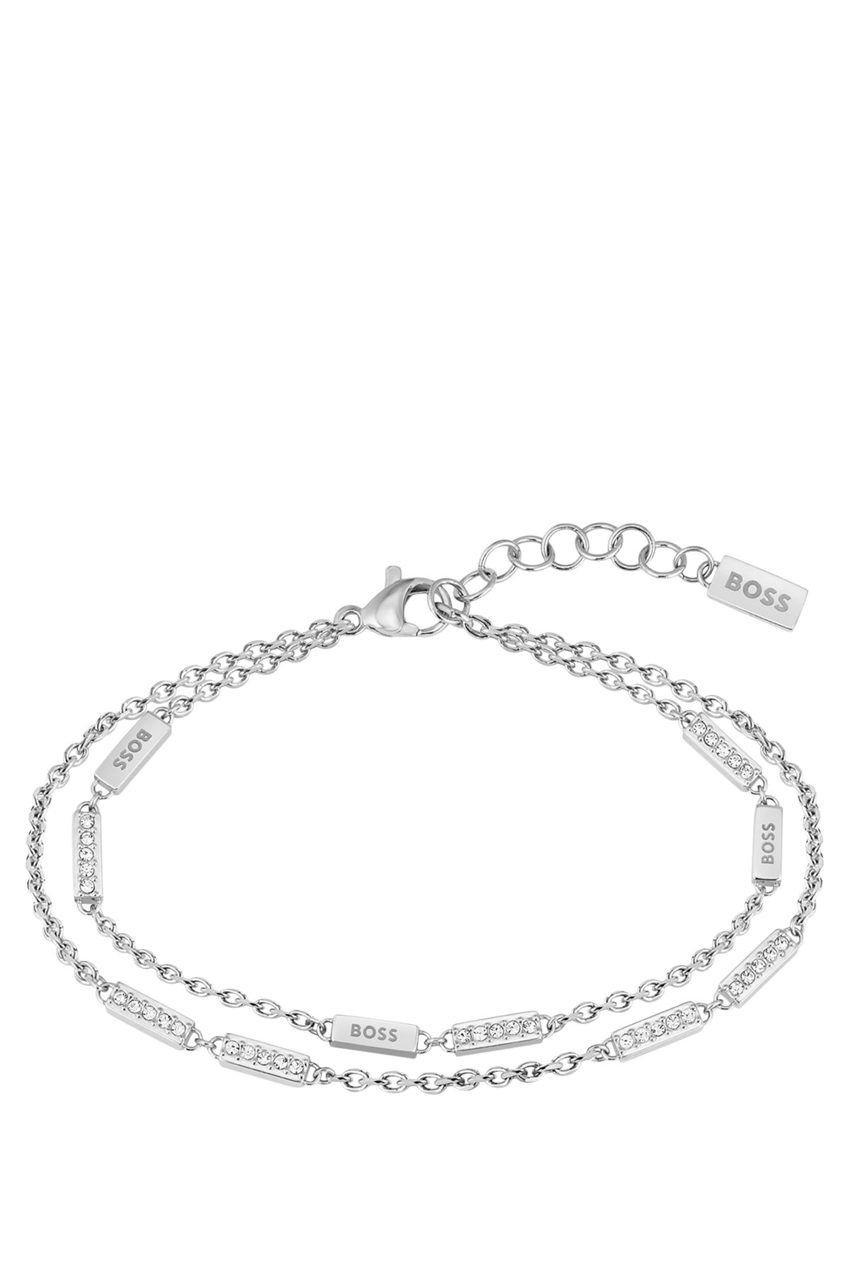 Chain bracelet with logo and crystal stations, Silver