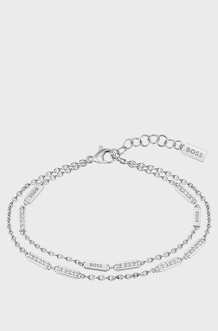 Double silver-tone bracelet with crystal-studded stations, Silver