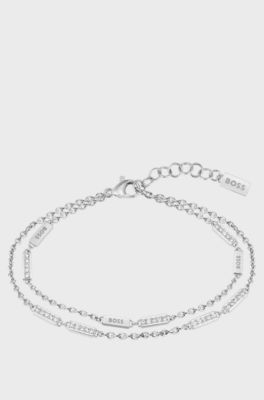 Double silver-tone bracelet with crystal-studded stations, Silver tone