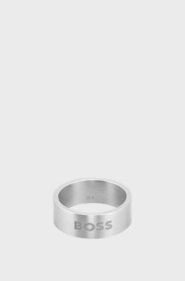 Stainless-steel ring with stamped-down logo, Silver tone