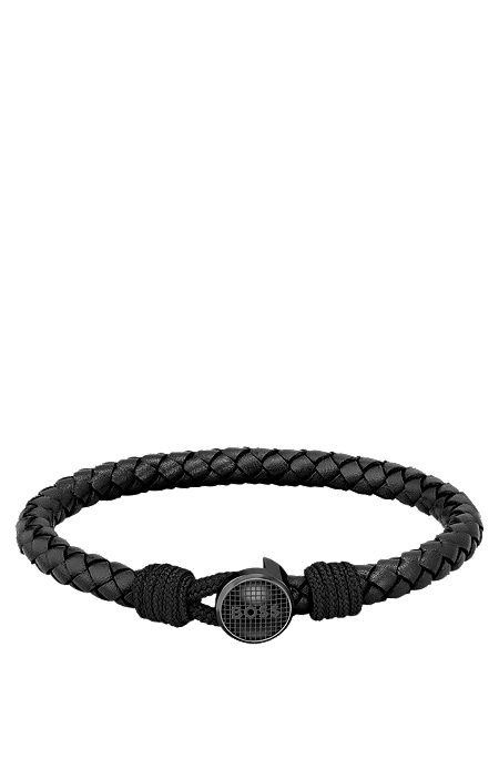 Branded-pin cuff in braided black leather, Black